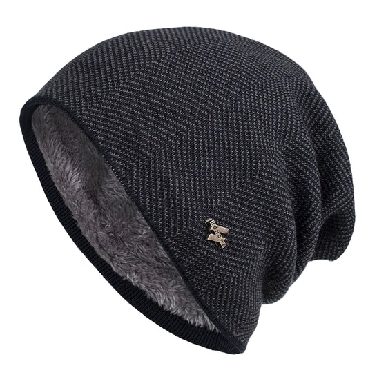 Mænds Slouch Beanie med Fleeceforing og Tekstureret Strikdesign 0