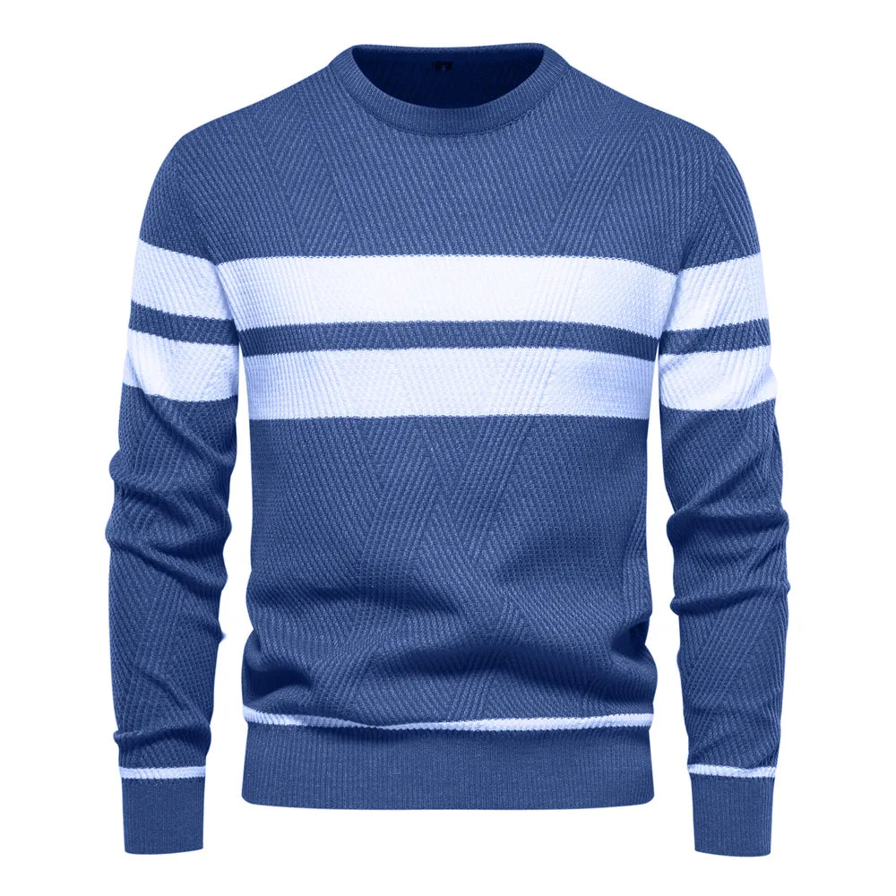 Mænds Strikket Sweater Rund Hals Dobbeltstribede Detaljer 0