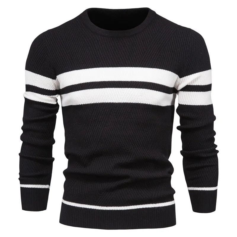 Mænds Strikket Sweater Rund Hals Dobbeltstribede Detaljer 2