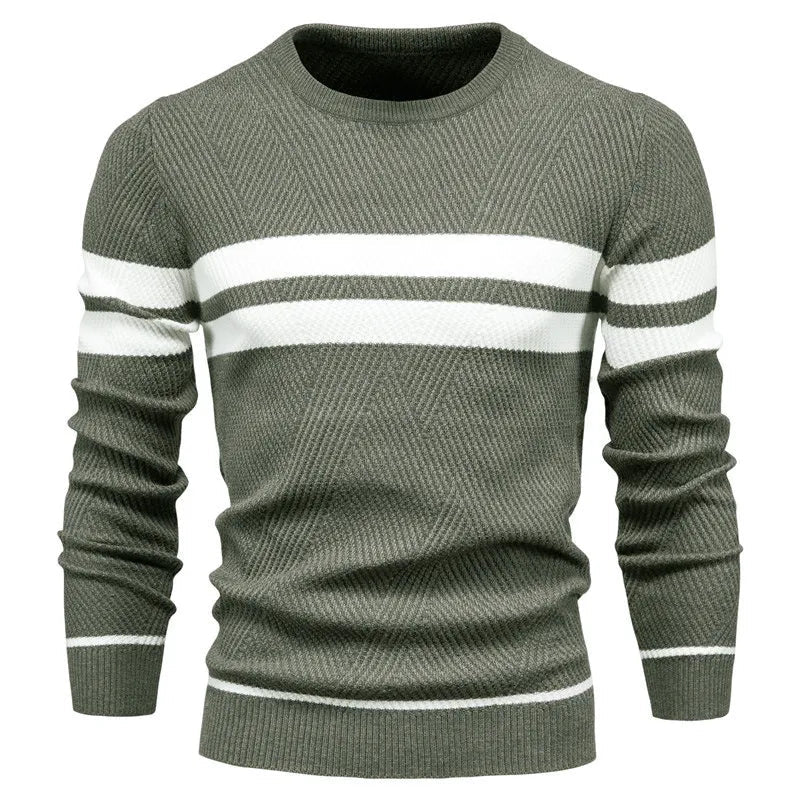 Mænds Strikket Sweater Rund Hals Dobbeltstribede Detaljer 3