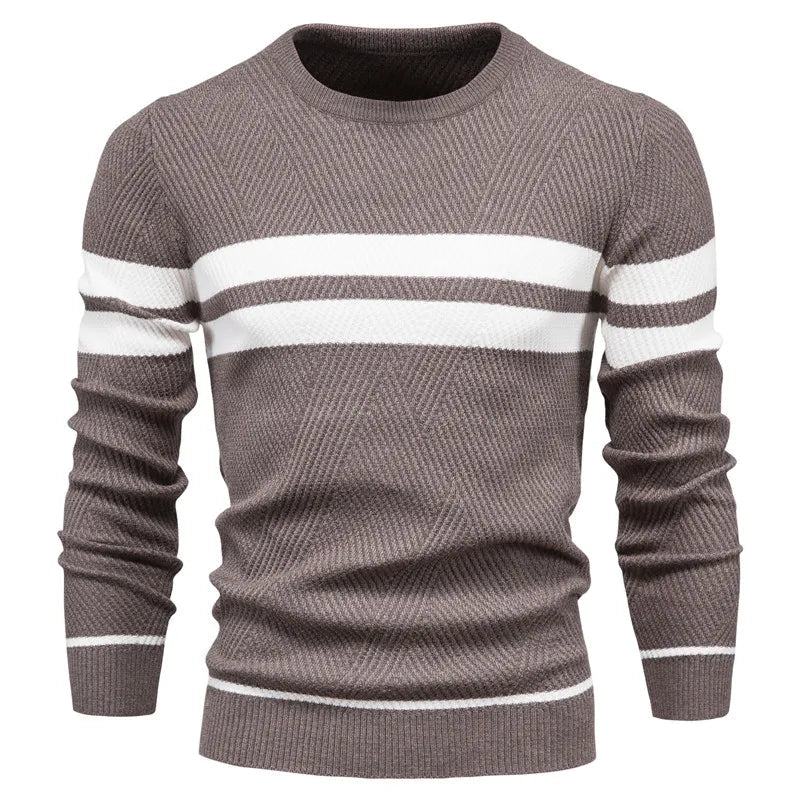 Mænds Strikket Sweater Rund Hals Dobbeltstribede Detaljer 4