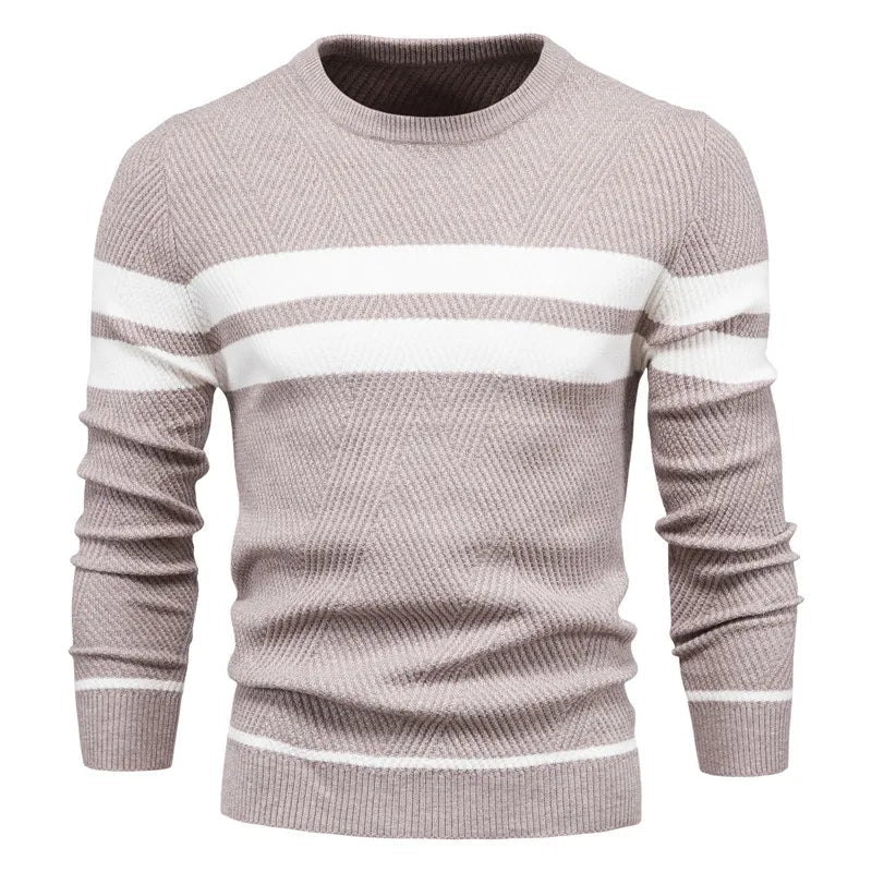 Mænds Strikket Sweater Rund Hals Dobbeltstribede Detaljer 5