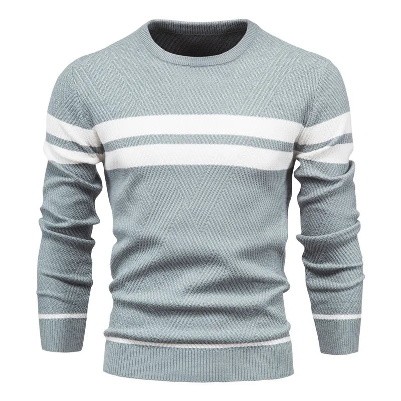 Mænds Strikket Sweater Rund Hals Dobbeltstribede Detaljer 6