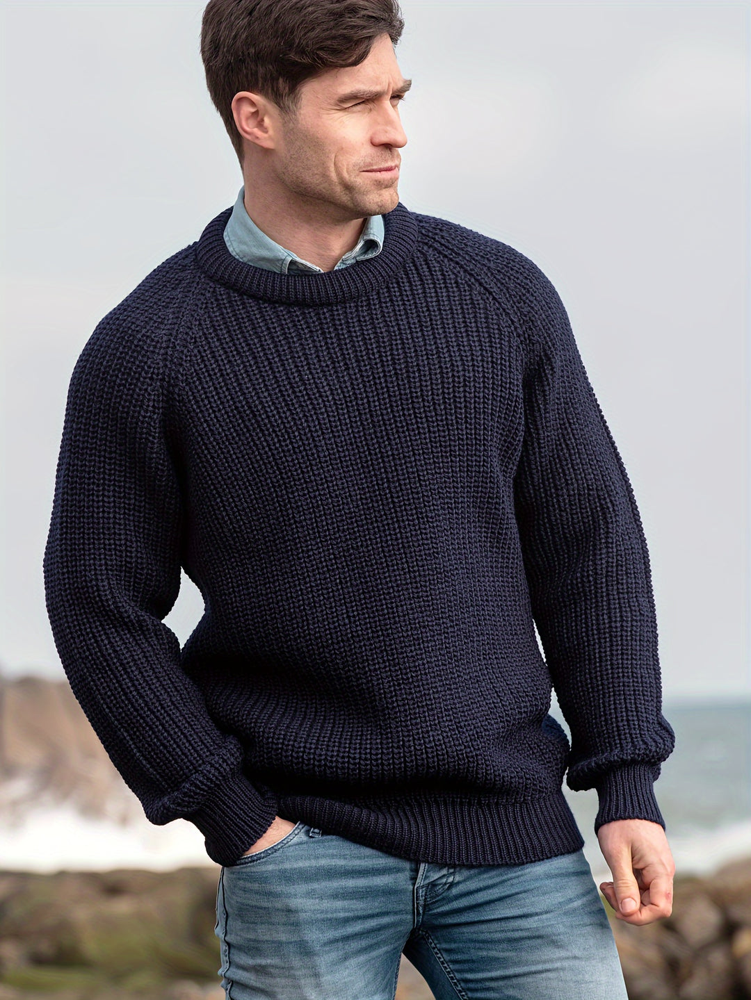 Mænds Strikket Sweater med Rund Hals Klassisk Stil 1