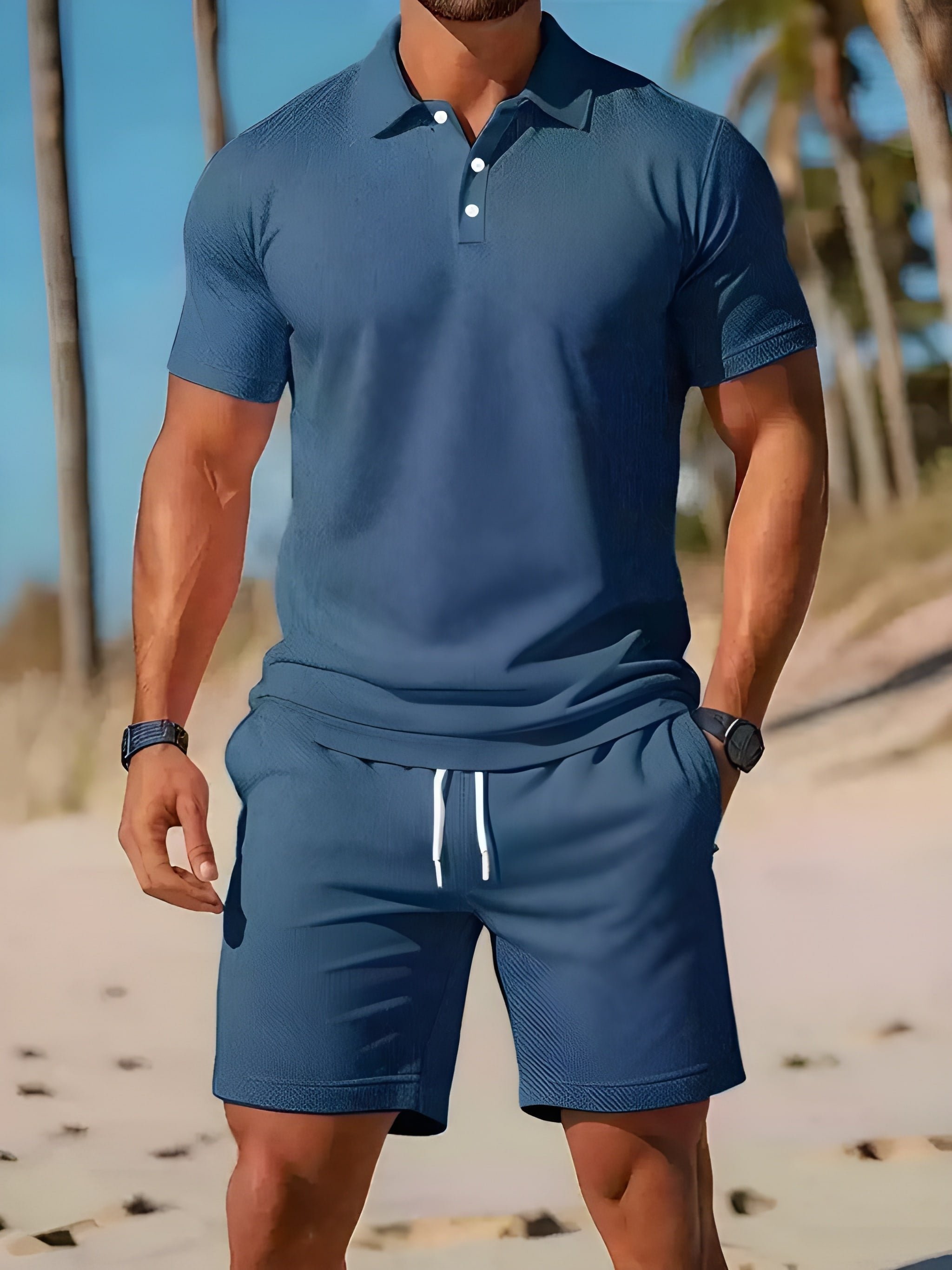 Mænds Todelt Sæt med Kortærmet Poloshirt og Shorts 5
