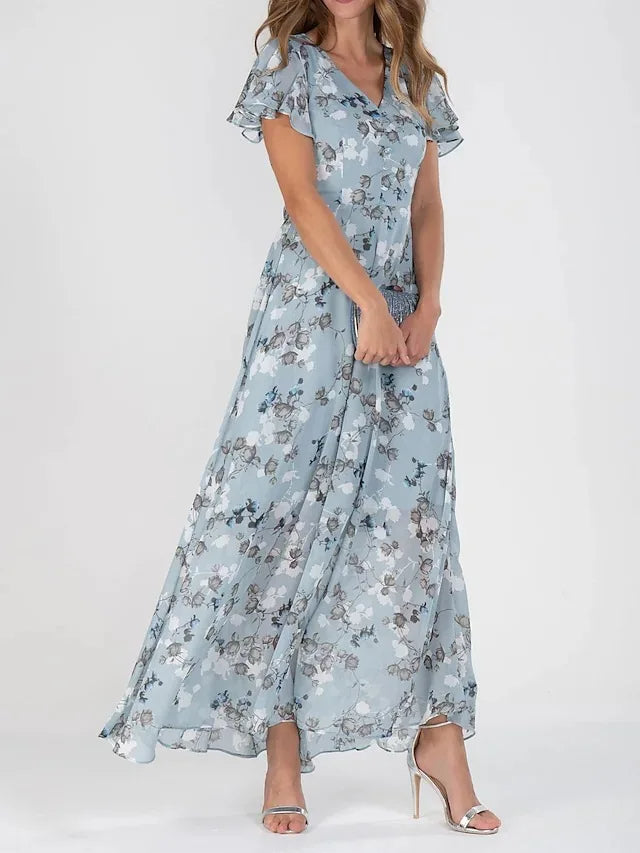 Maxikjole til kvinder med blomsterprint, V-hals, korte, flatterende ærmer 1