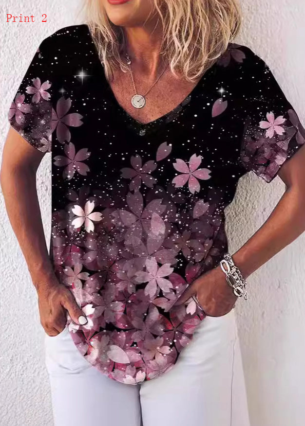 Plus Size T-shirt med V-hals og Print 1