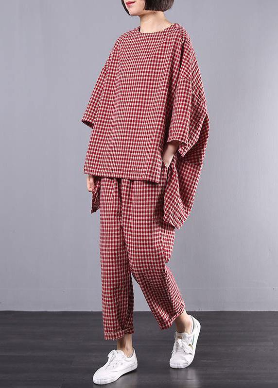 Plus Size T-shirt og Bukser Sæt i Rød Ternet Design 3