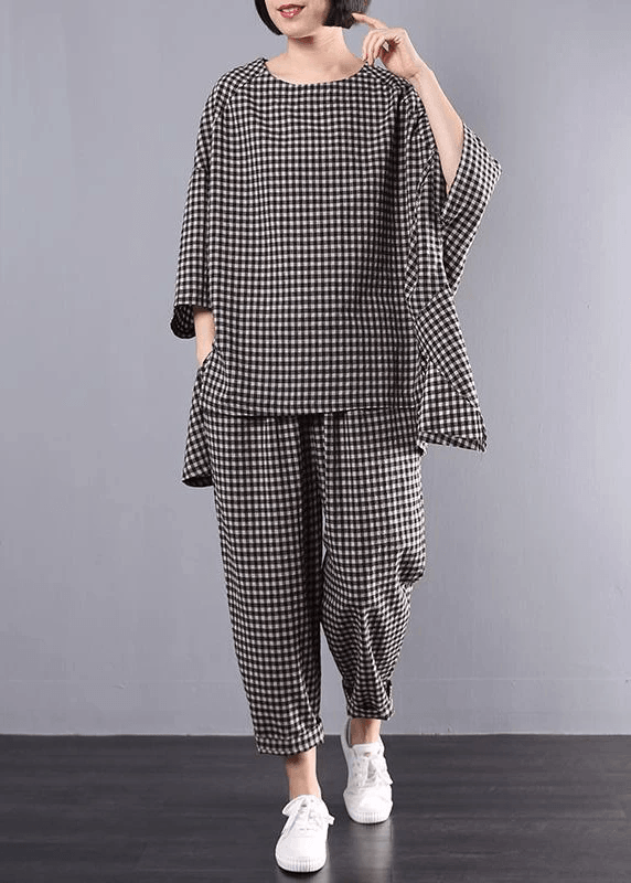 Plus Size T-shirt og Bukser Sæt i Rød Ternet Design 5