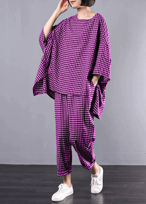 Plus Size T-shirt og Bukser Sæt i Rød Ternet Design 9