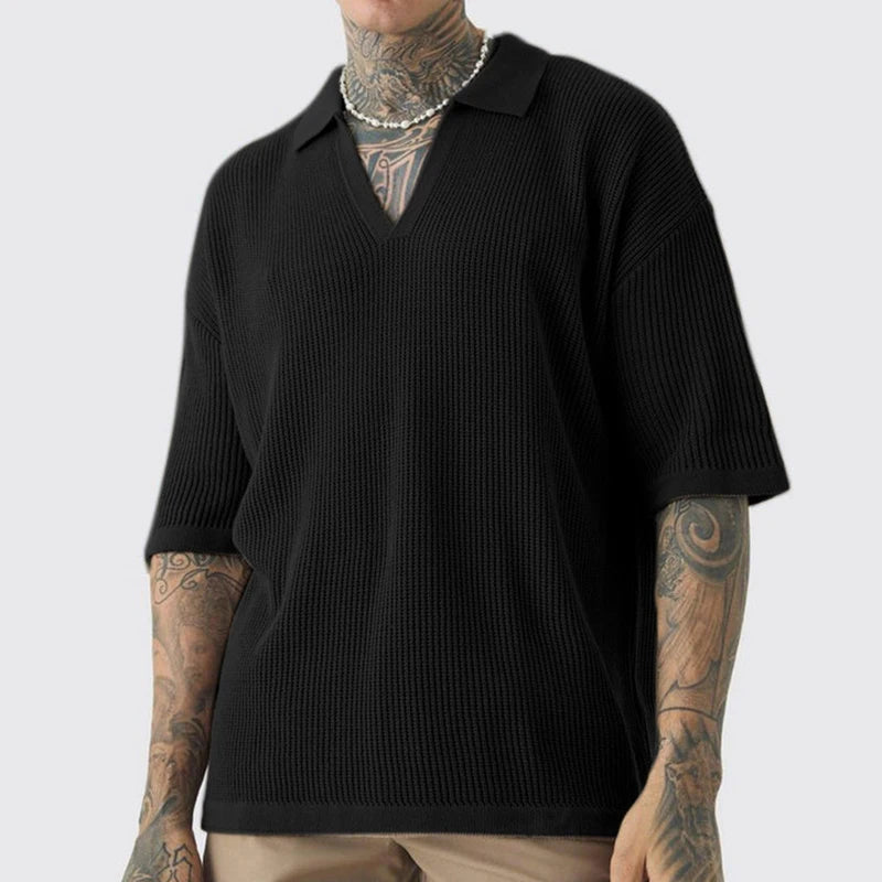 Polo Shirt Mænd Boxy Stil V-Udskæring Korte Ærmer 1