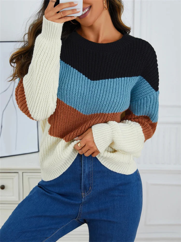 Kvinders Sweater Stribet Rund Hals Bomuldsblanding 2