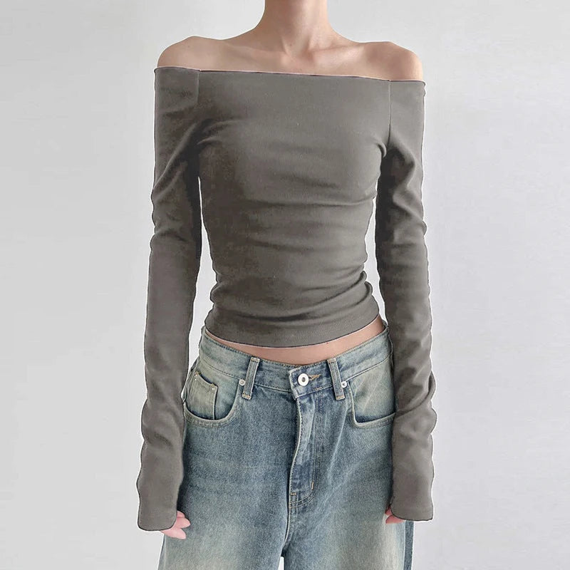 Ensfarvede langærmede off shoulder-toppe