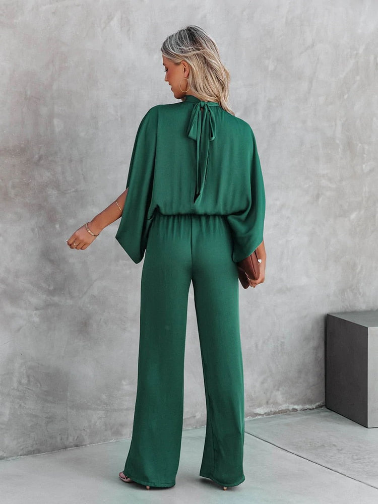 Kvinders Jumpsuit Elegant Polyester Løse Bukseben Lange Ærmer-4