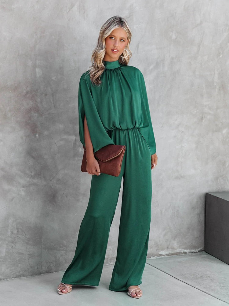 Kvinders Jumpsuit Elegant Polyester Løse Bukseben Lange Ærmer-2