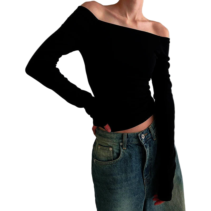 Ensfarvede langærmede off shoulder-toppe