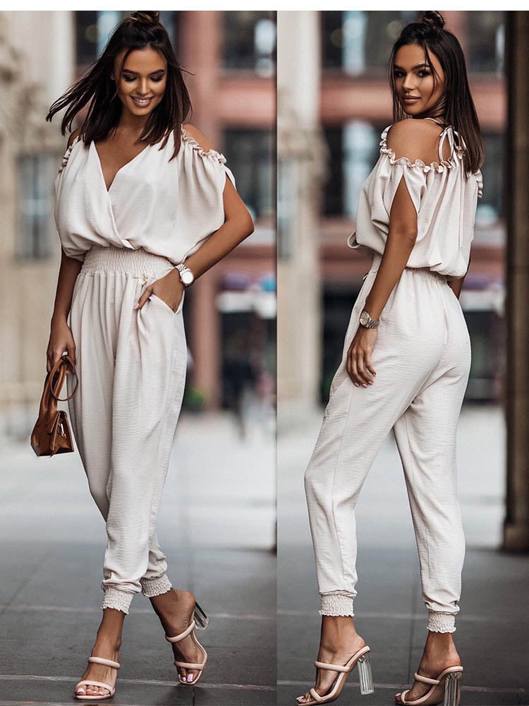 Kvindernes Jumpsuit Åbne Skuldre V-Hals Polyester-4