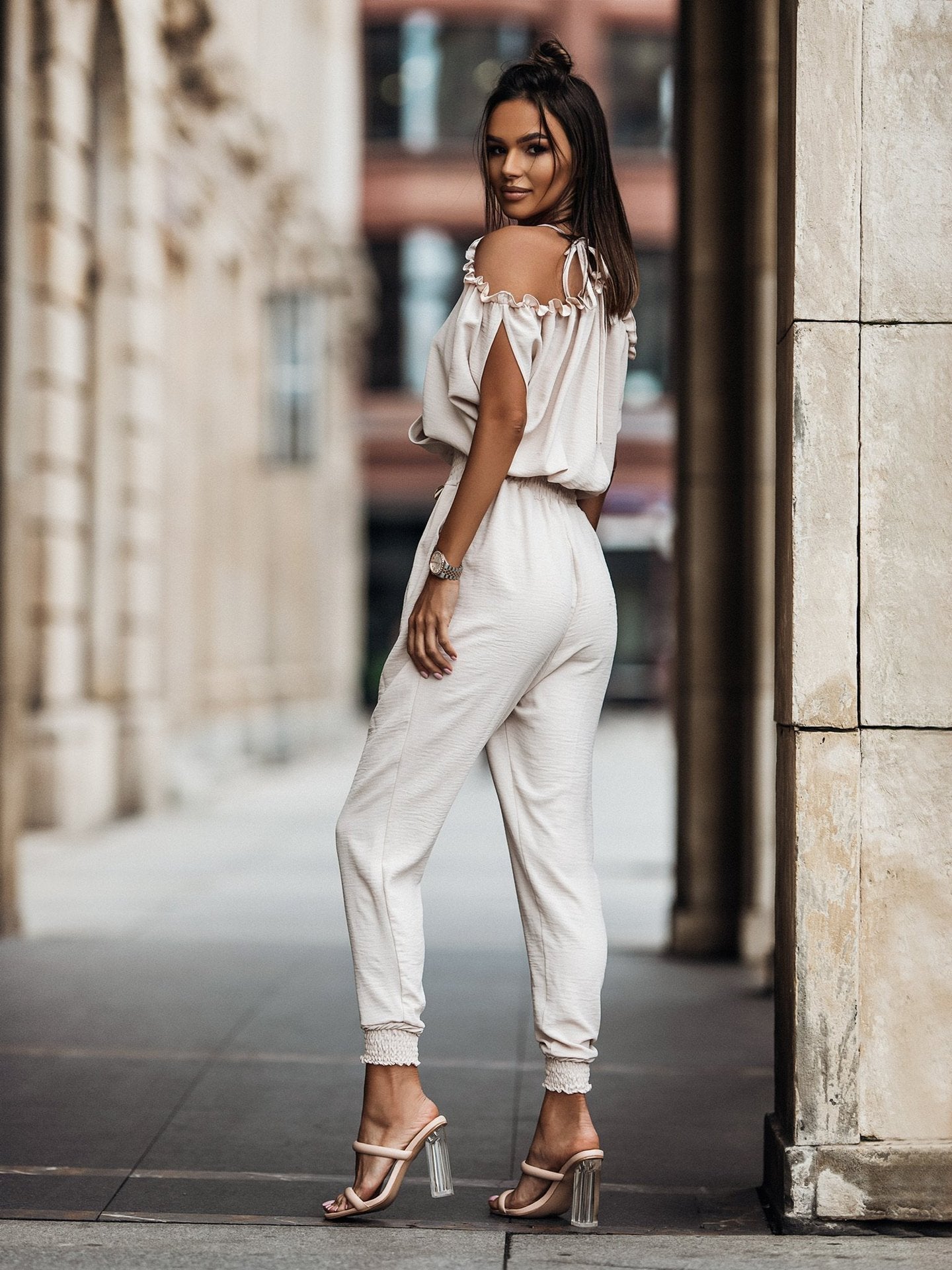 Kvindernes Jumpsuit Åbne Skuldre V-Hals Polyester-3