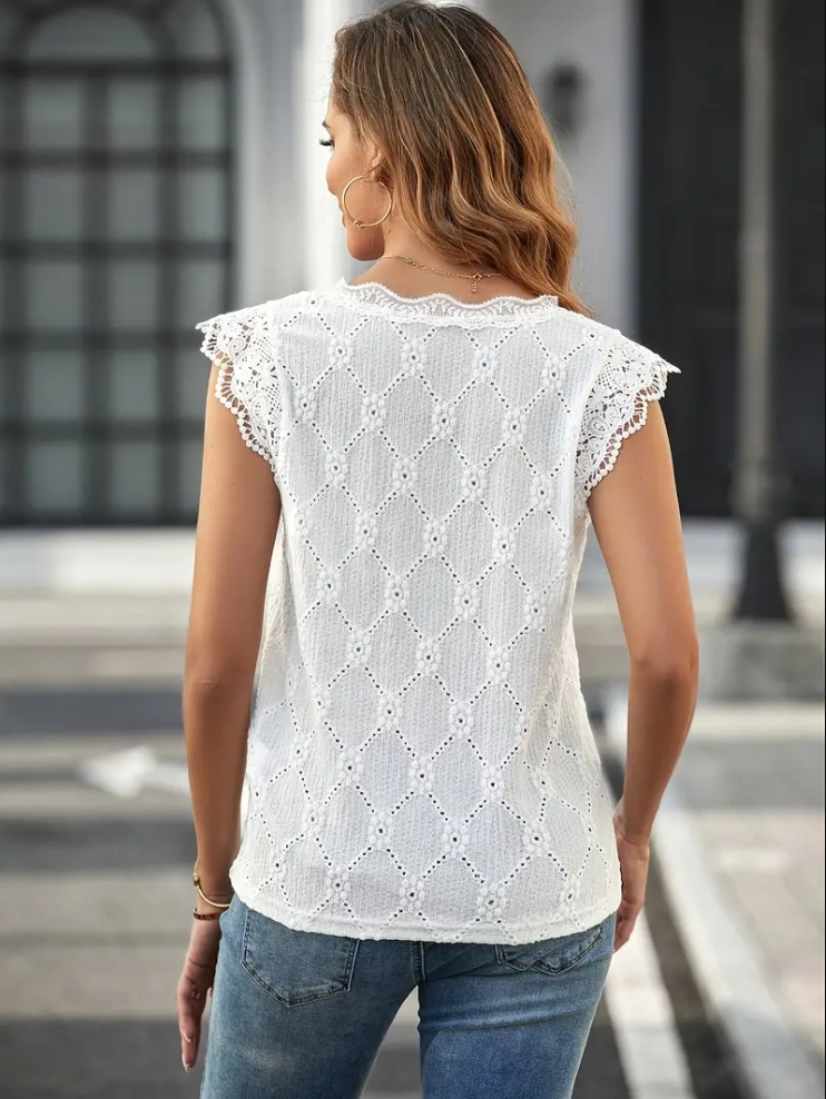 Kvinders Top V-hals Broderet Let Materiale-2