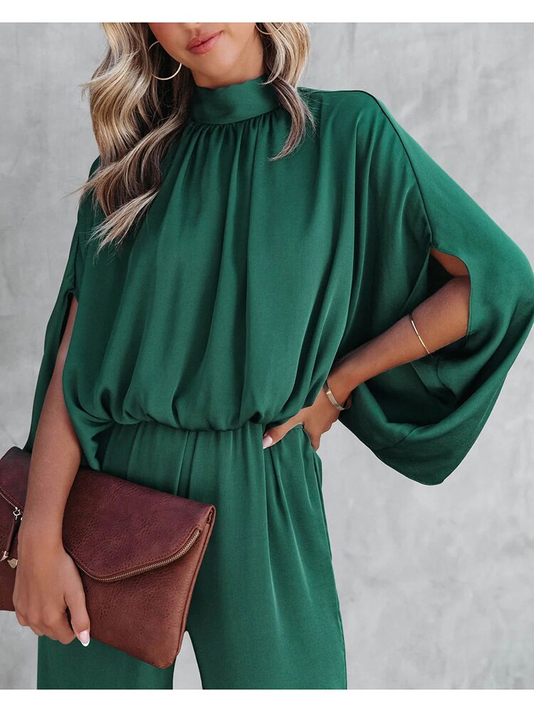 Kvinders Jumpsuit Elegant Polyester Løse Bukseben Lange Ærmer-3