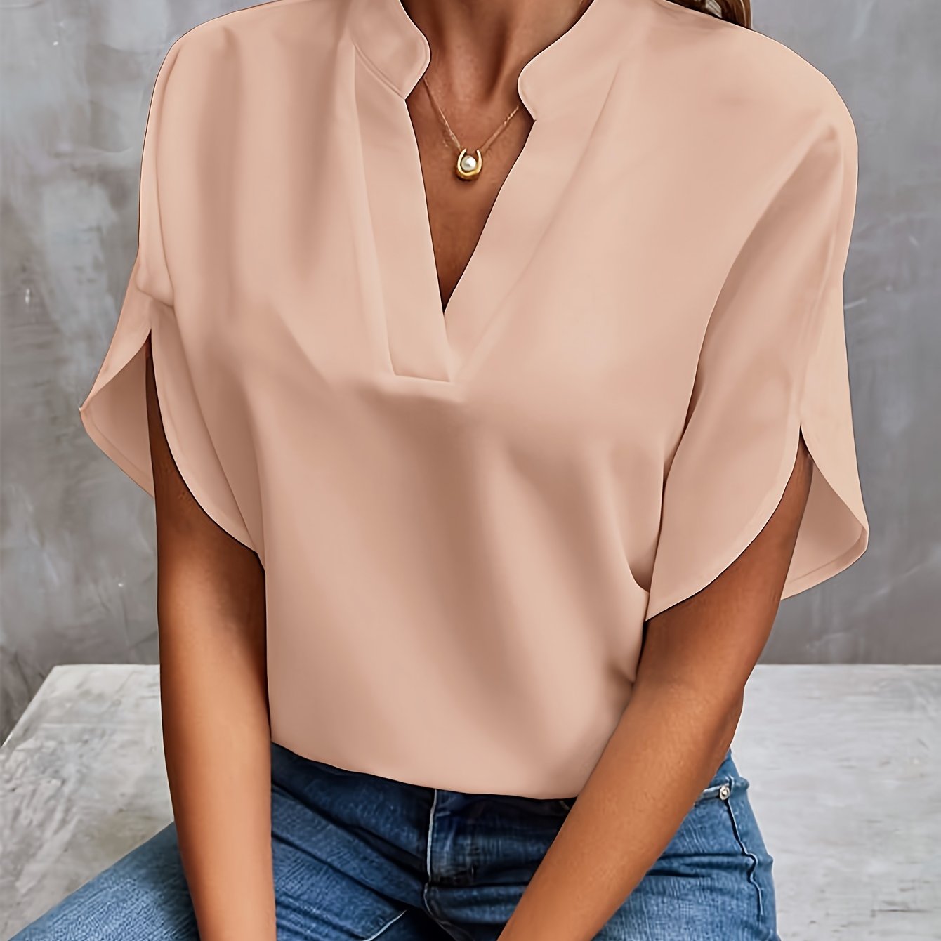 Skjortebluse Dame Casual Split V-Hals Viskose Polyester 10