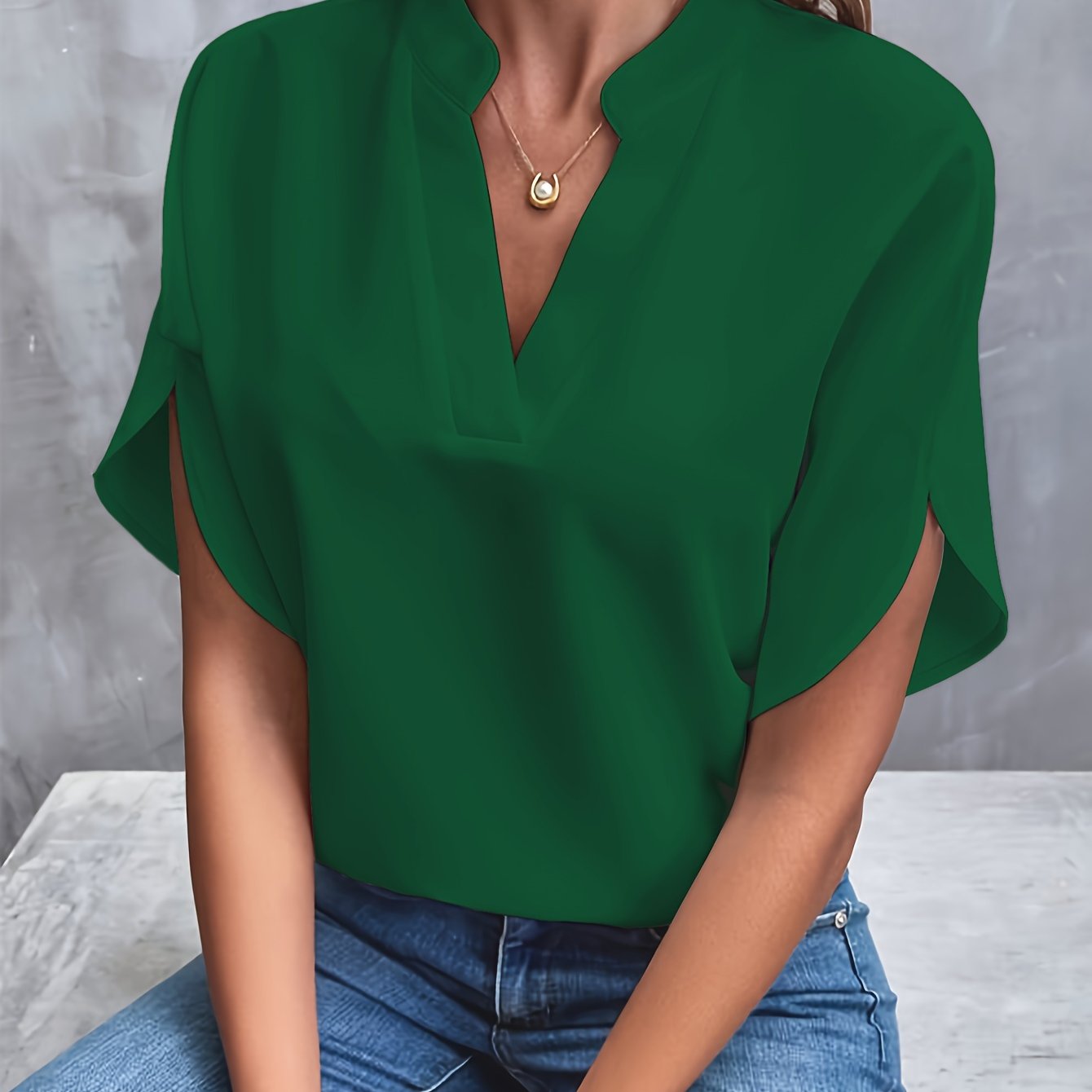 Skjortebluse Dame Casual Split V-Hals Viskose Polyester 12