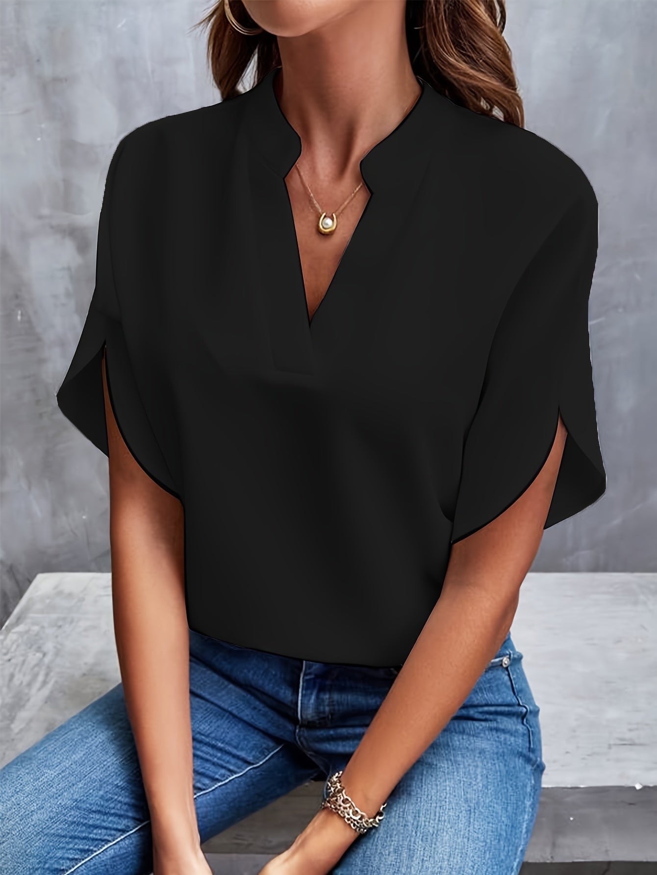 Skjortebluse Dame Casual Split V-Hals Viskose Polyester 3