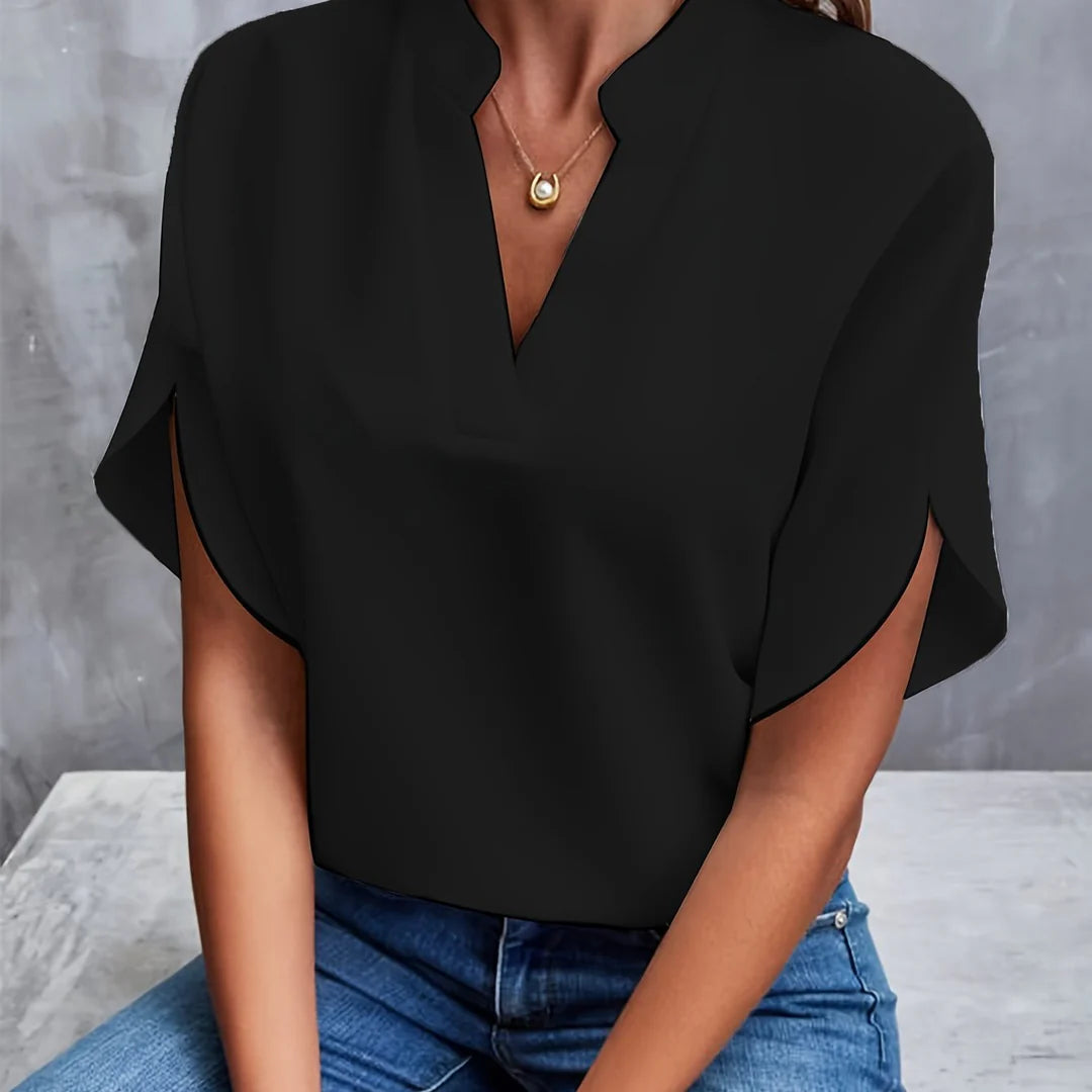 Skjortebluse Dame Casual Split V-Hals Viskose Polyester 5