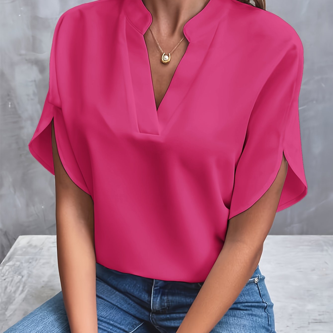 Skjortebluse Dame Casual Split V-Hals Viskose Polyester 9