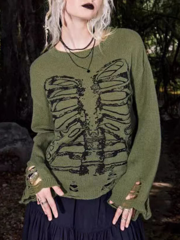Unisex Sweater Med Grafisk Kraniedesign Og Rippede Detaljer 1