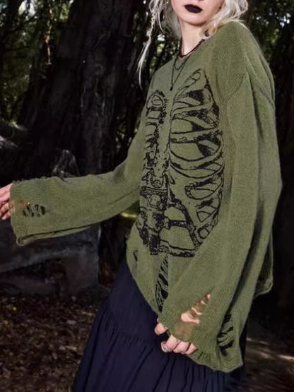 Unisex Sweater Med Grafisk Kraniedesign Og Rippede Detaljer 4