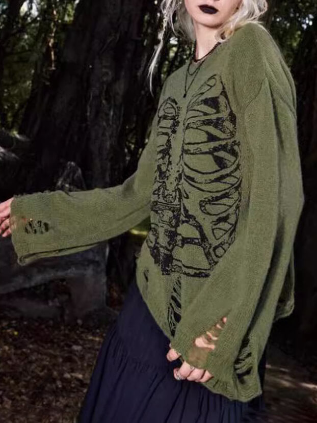 Unisex Sweater Med Grafisk Kraniedesign Og Rippede Detaljer 4