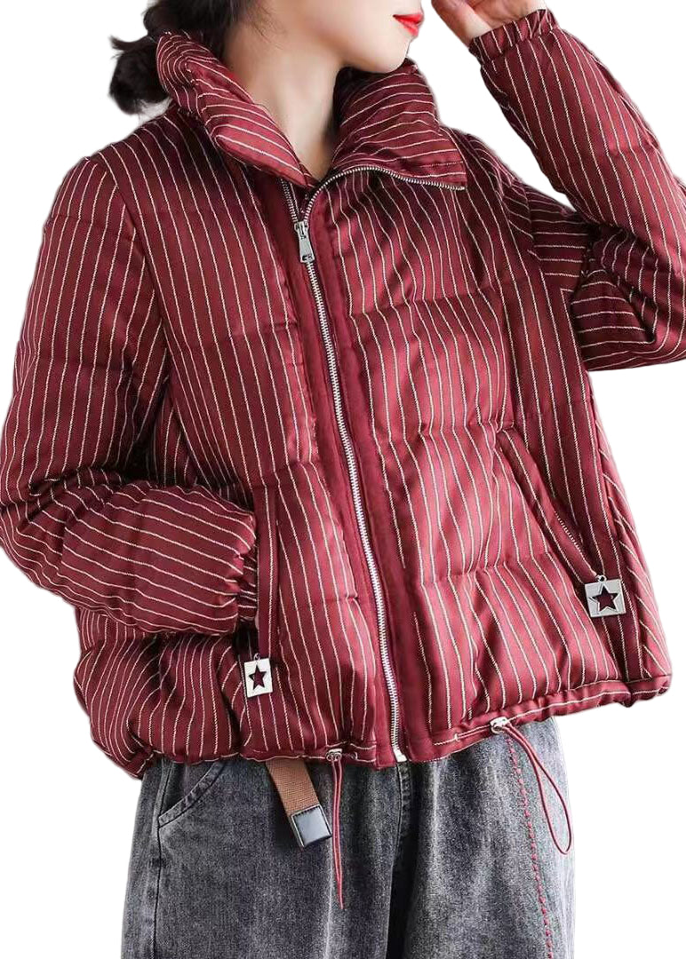 Varm Vinterjakke Dame med Rødstribet Standkrave og Lynlås 0