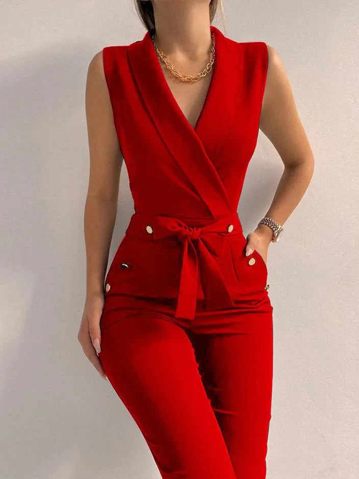 Dame Jumpsuit Mouwløs V-hals Med Sløjfe Polyester Elegant Design-6
