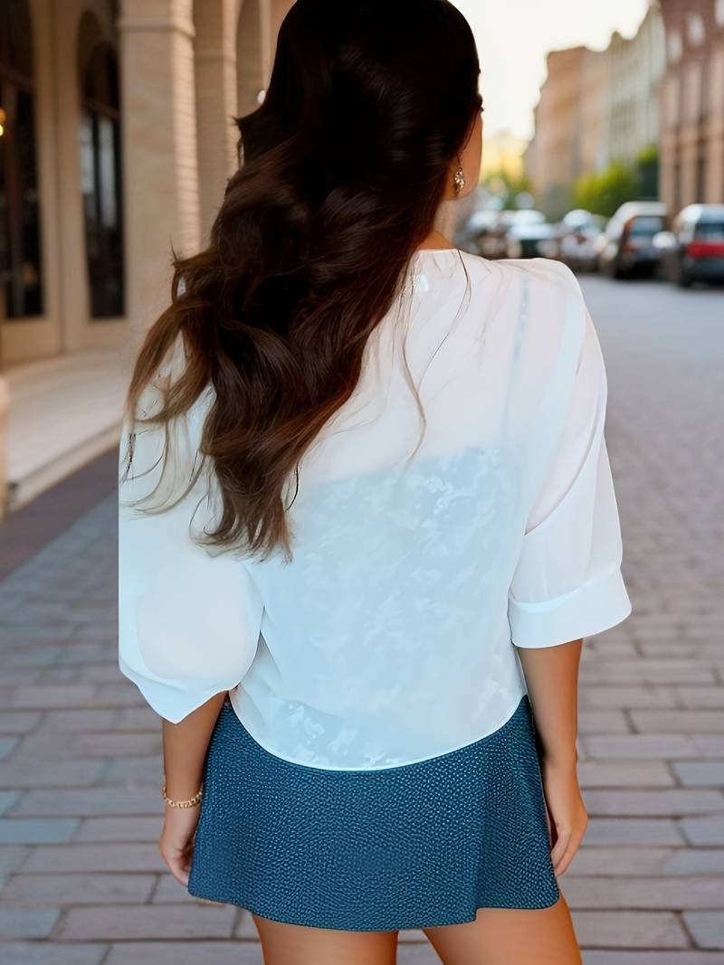 Skjortebluse Dame Åben Front Let Vævning-3