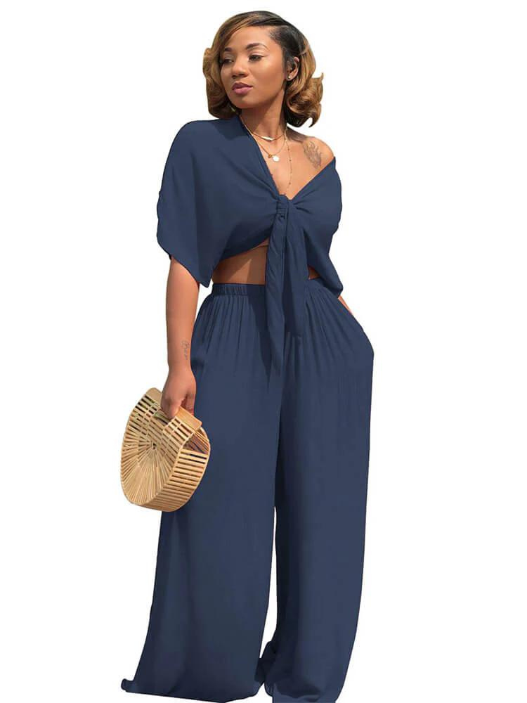 Bowknot Tie Crop Top og lige bukser sæt