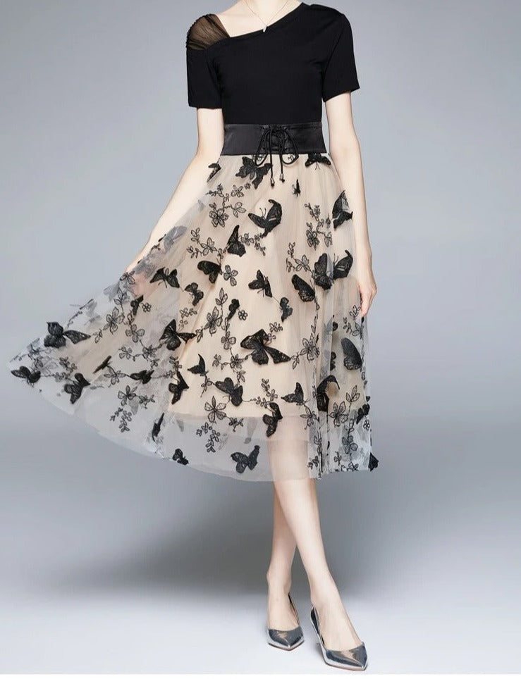 Festkjole i broderet mesh til kvinder