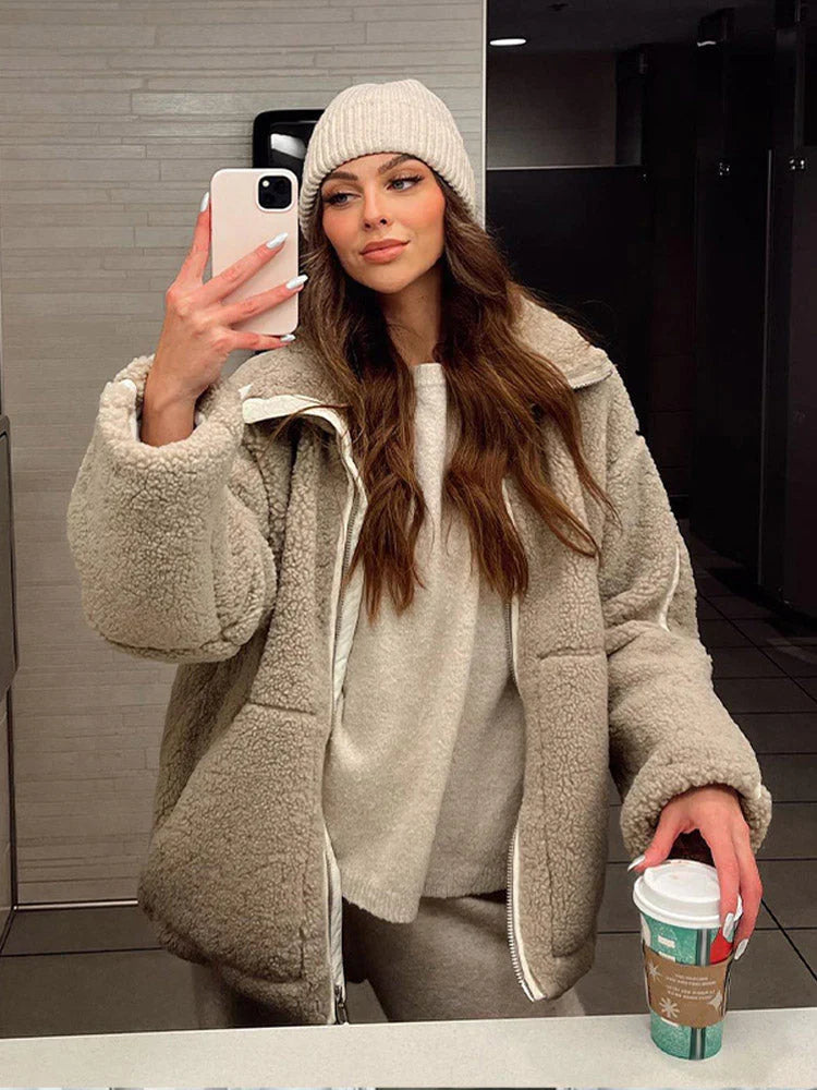 Dame Teddyjakke Løs Pasform Blød Materiale-4