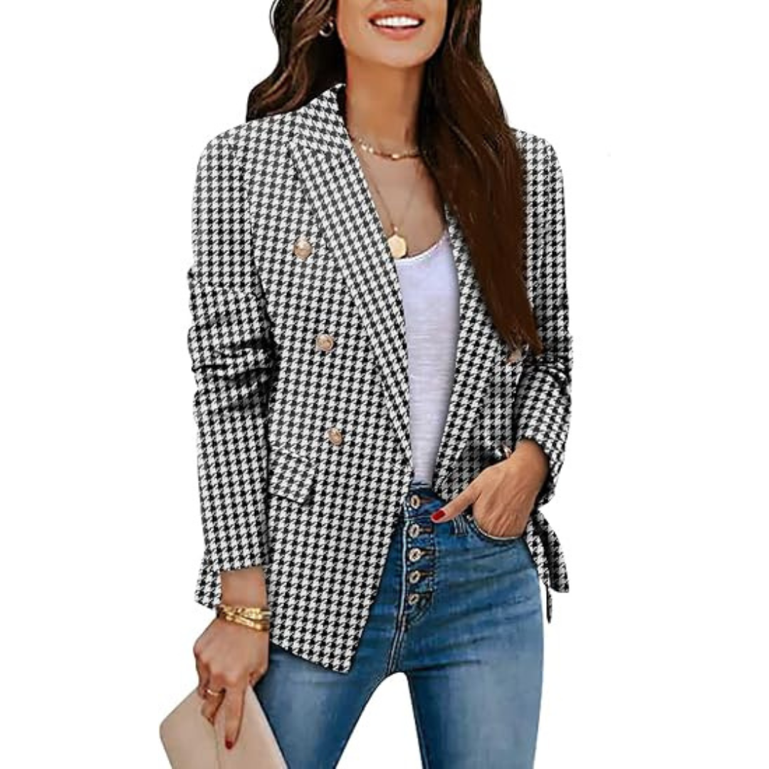 Dobbeltradet houndstooth-blazer til kvinder