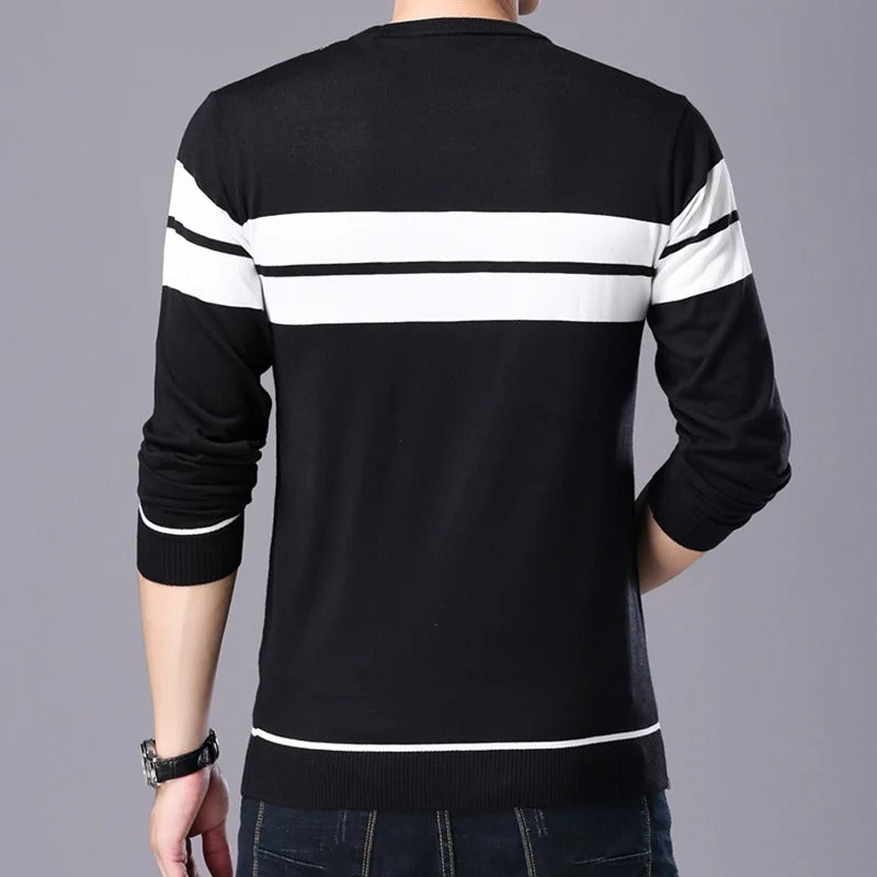 Patchwork-pullover med O-hals til mænd