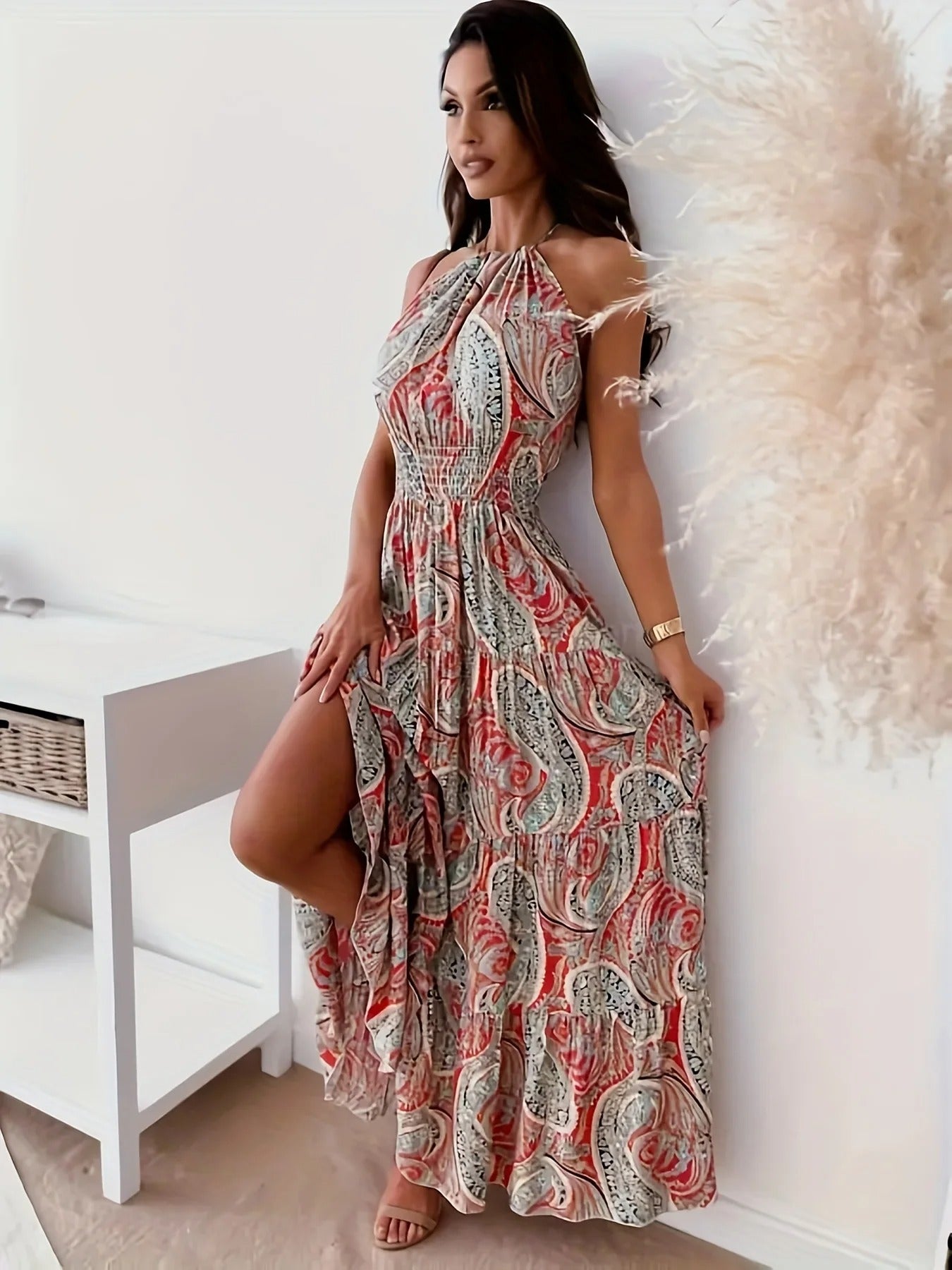 Vintage Boho Print Halter Dress til kvinder