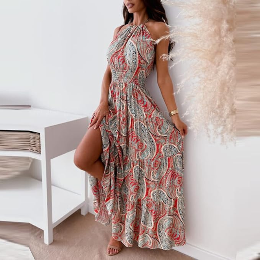 Vintage Boho Print Halter Dress til kvinder
