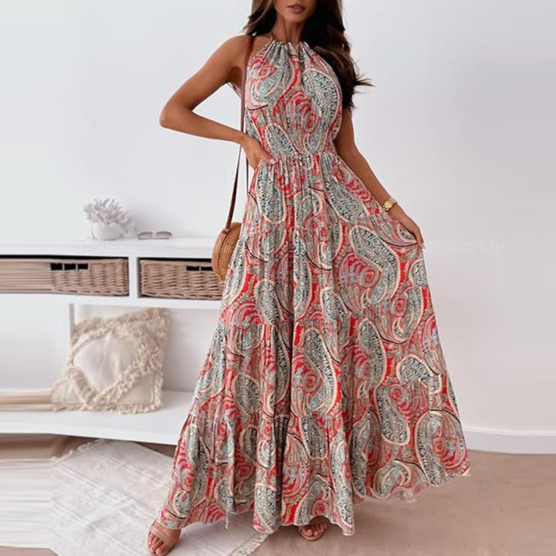 Vintage Boho Print Halter Dress til kvinder