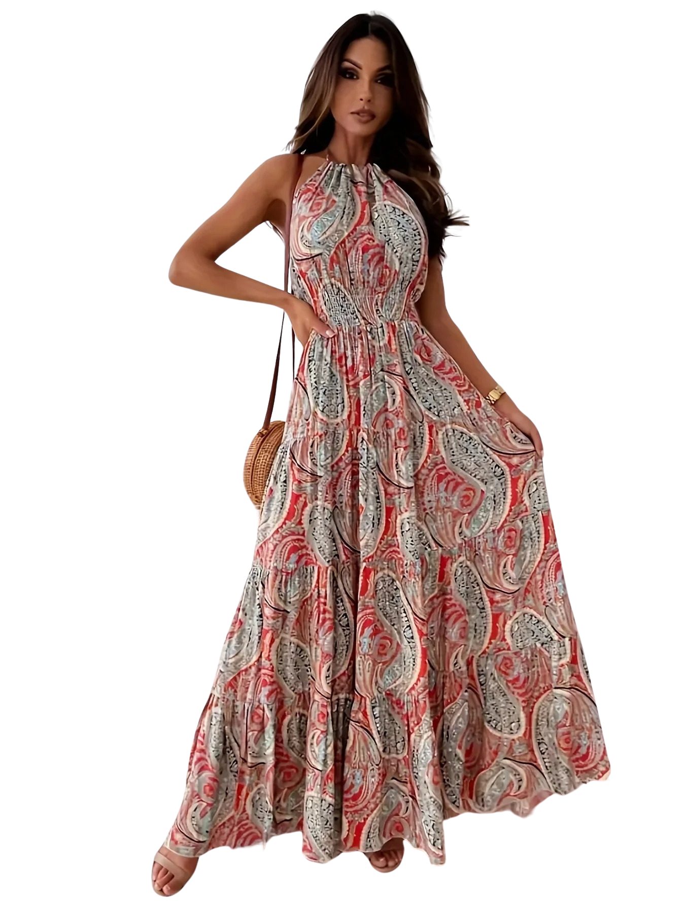 Vintage Boho Print Halter Dress til kvinder