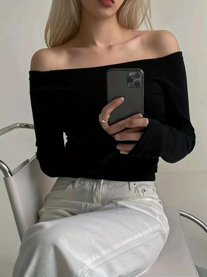 Ensfarvede langærmede off shoulder-toppe