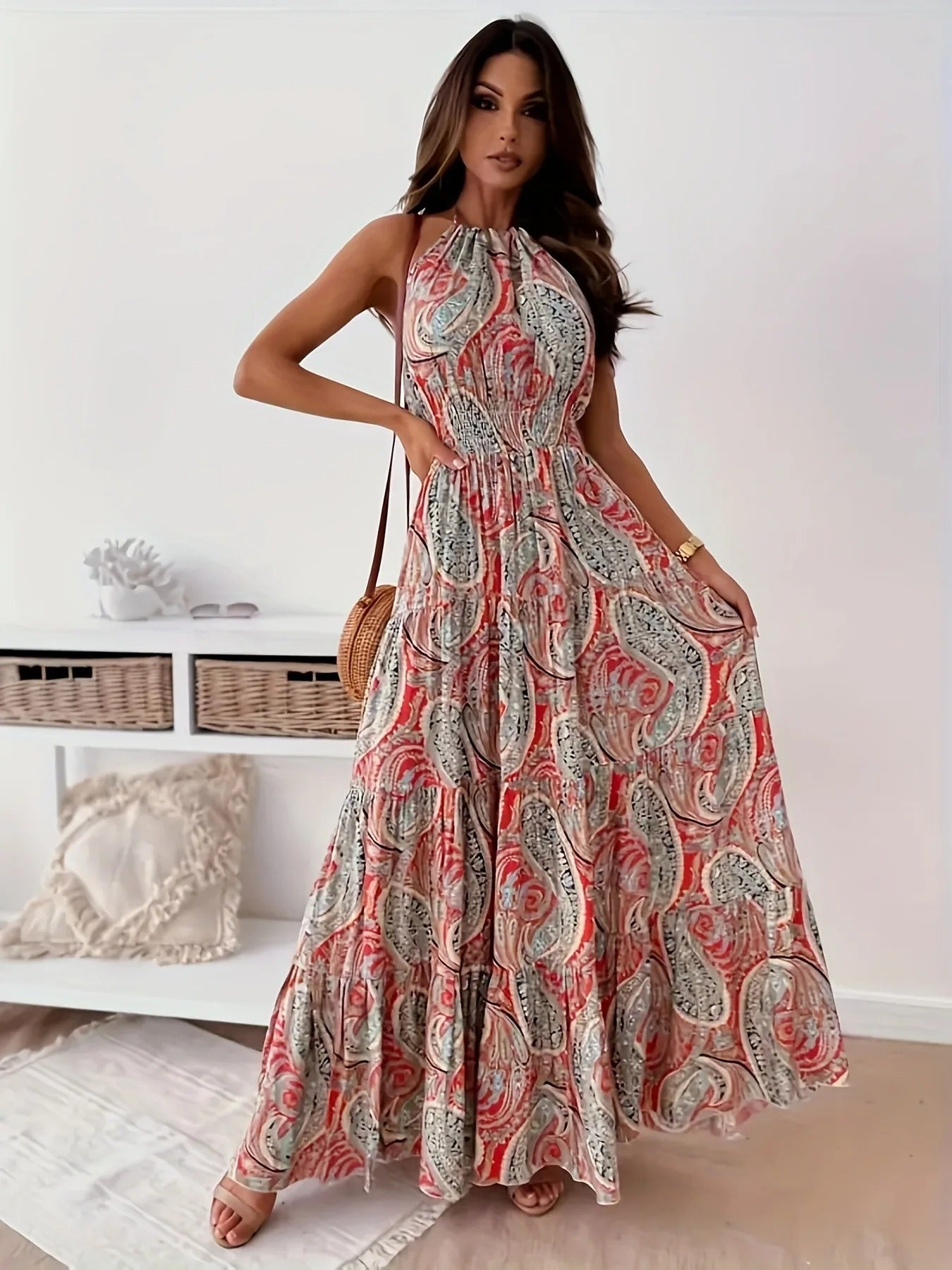 Vintage Boho Print Halter Dress til kvinder
